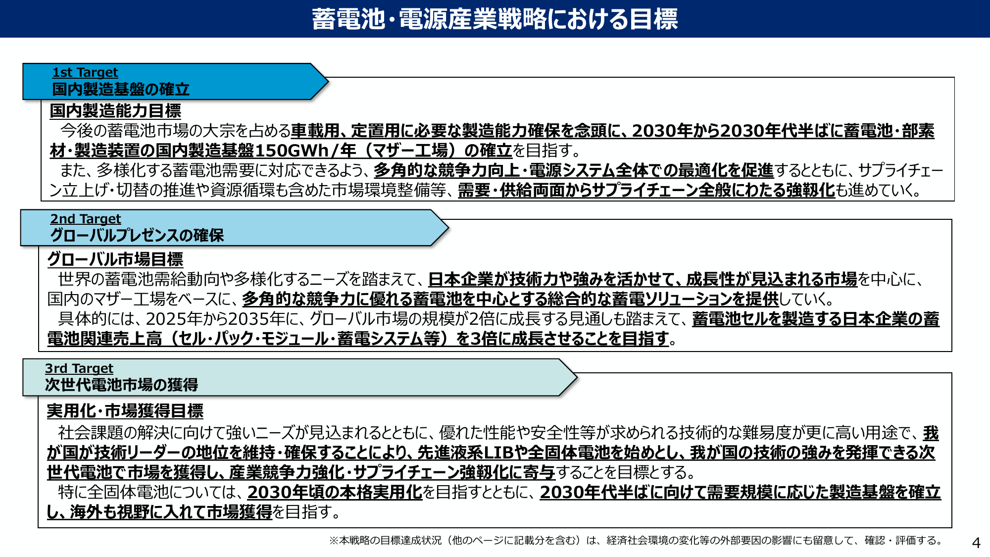 経産省 蓄電池・電源産業戦略の3つの目標（2026/6/2、p.4）